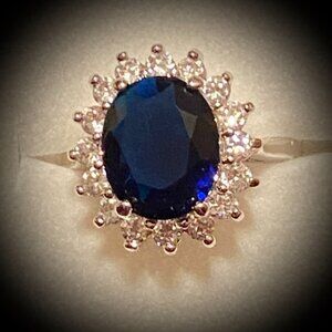 Vtg Sapphire Cocktail Ring With Clear Rhinestones, Silver Tone and Free Earrings